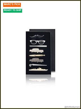 8Pc Brass Men's Tie Clip Set Novelty Shapes Gift Box